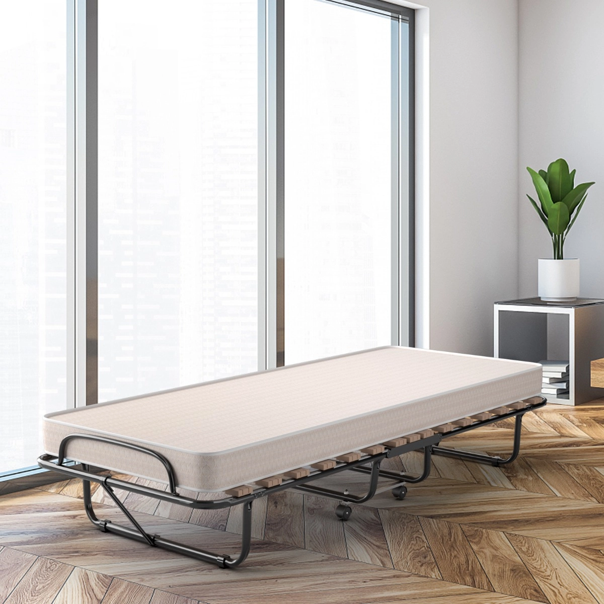 Costway Tragbares Gästebett auf Rollen mit Memory Schaum Matratze 80 x 190 x 33 cm Hellbeige hergestellt in Italien Herkunft: Italien