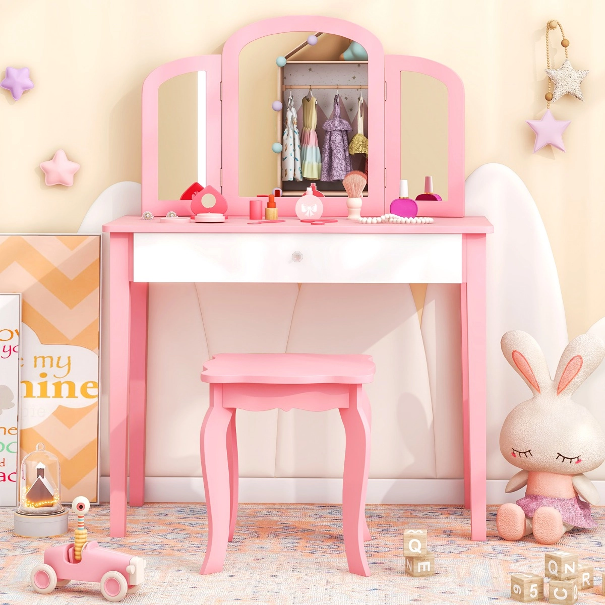 Costway Kinder Schminktisch- und Stuhl-Set Schminktisch-Set mit Klappbarem Spiegel & Schublade Rosa + Weiß