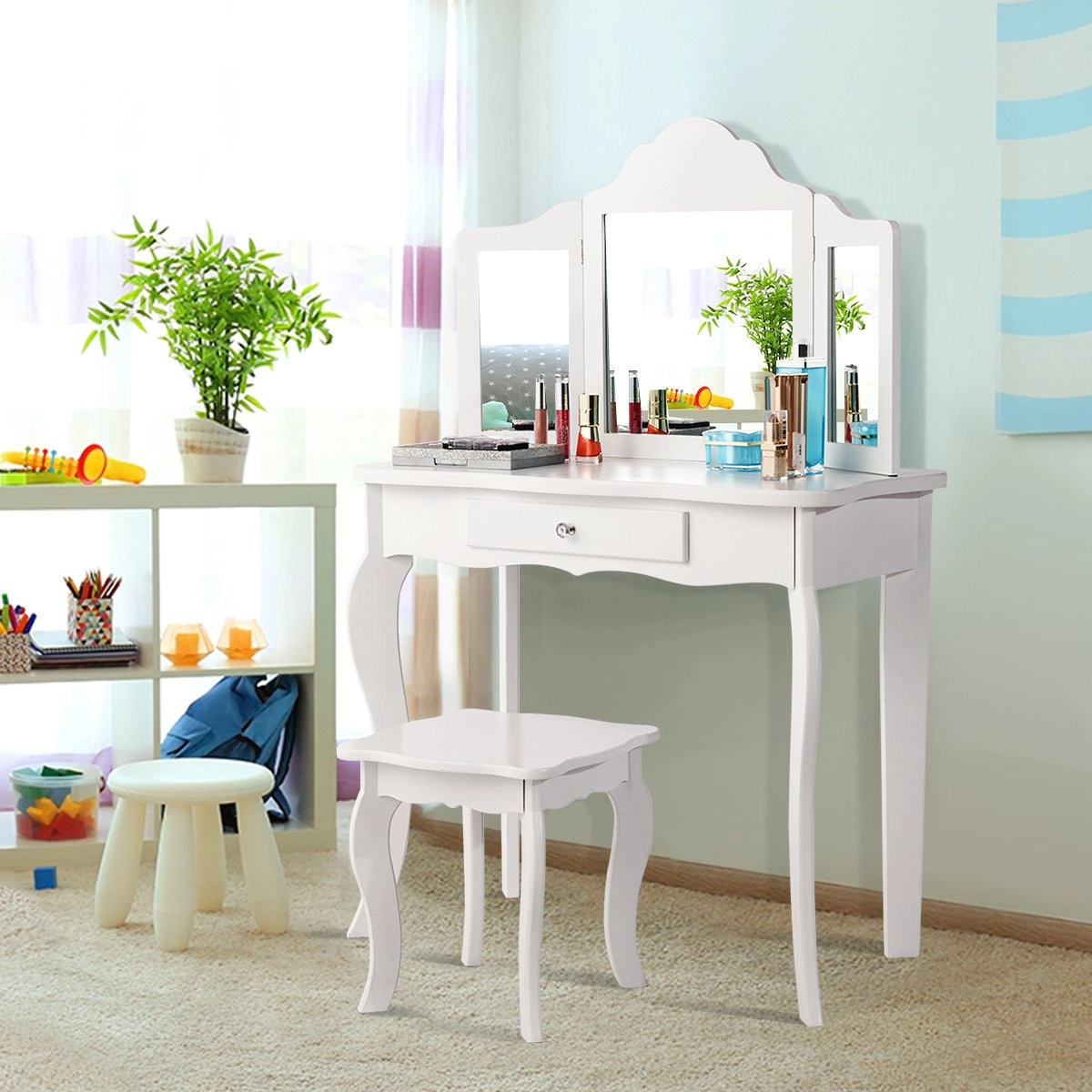Costway Schminktisch- und Hocker-Set für Kinder Frisiertisch mit Schublade Spiegel 70 x 34 x 103 cm Weiß