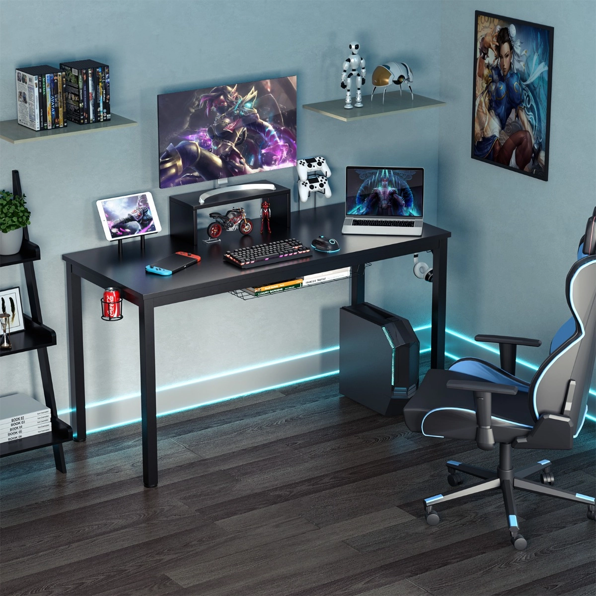 Costway 140cm Schreibtisch mit Monitorablage Computertisch Gaming Tisch mit Getränkehalter Kopfhörerhaken Schwarz