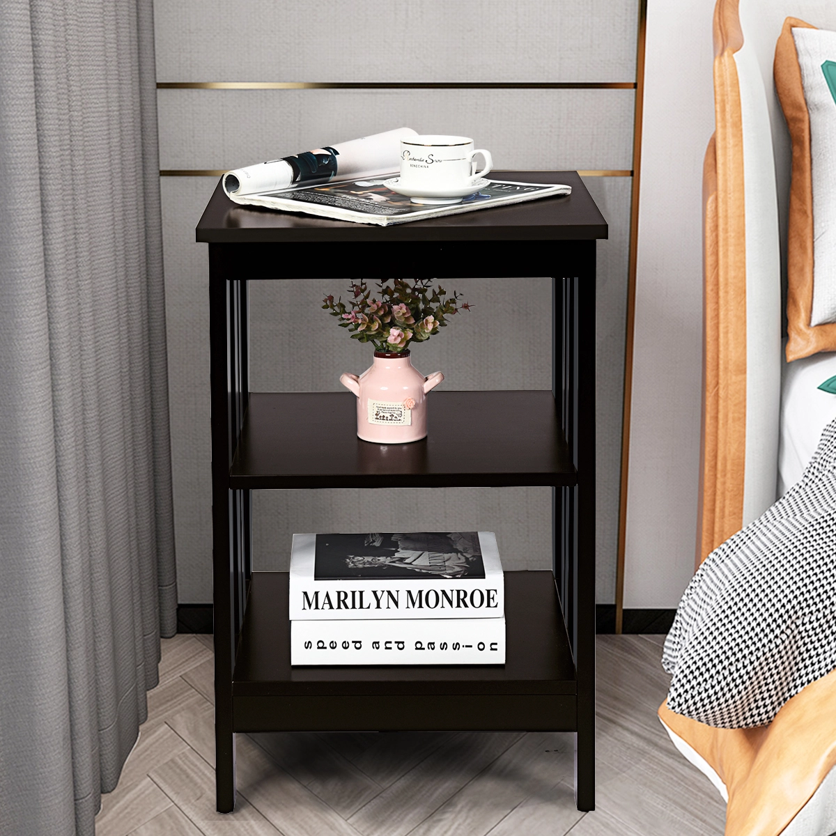 Costway 3 Ebene II-förmig Nachttisch Beistelltisch mit Regal & Stauraum 40 x 40 x 61 cm Kaffee