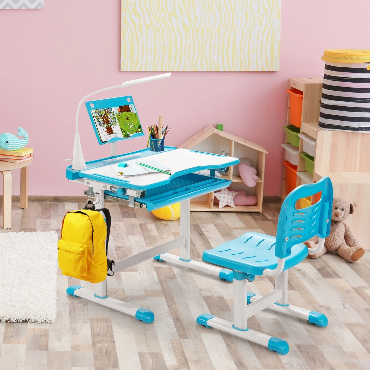 Costway Kindertisch Kinderschreibtisch Set mit Bücherständer & LED-Licht für Jungs & Mädchen Blau