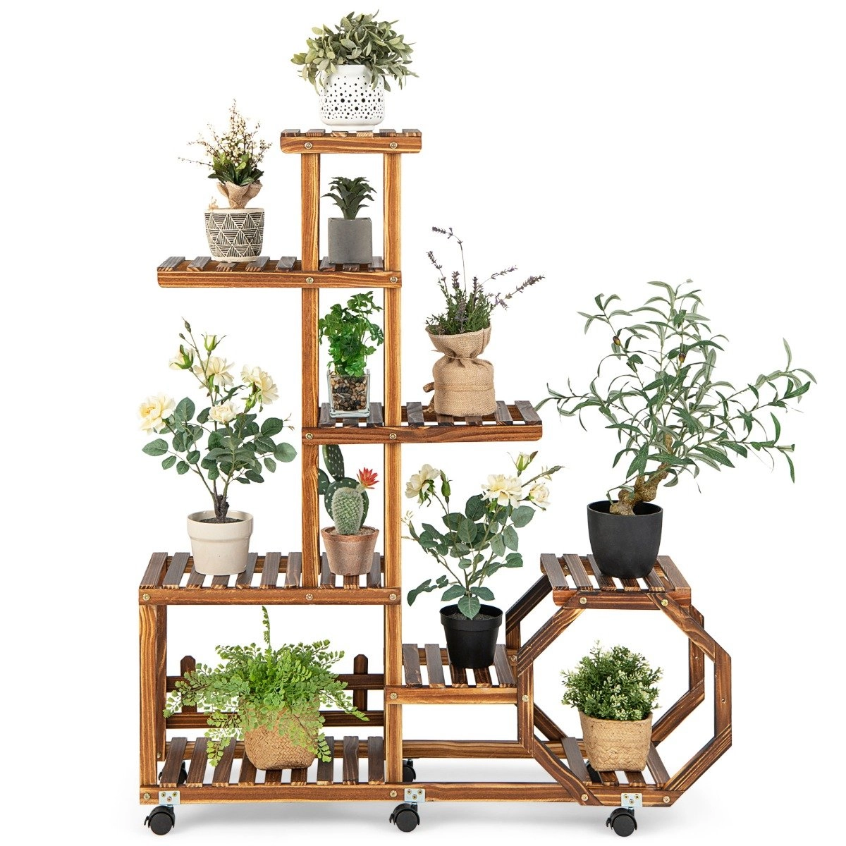 Costway Mehrschichtiger Pflanzenständer aus Holz Bewegliches Blumenregal 107 x 29 x 74 cm Natur