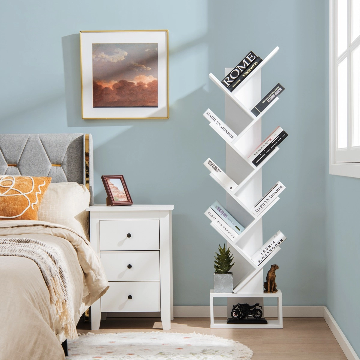 Costway 10-stöckiges Baum-Bücherregal mit Schublade Bodenstehendes Lagerregal Weiß