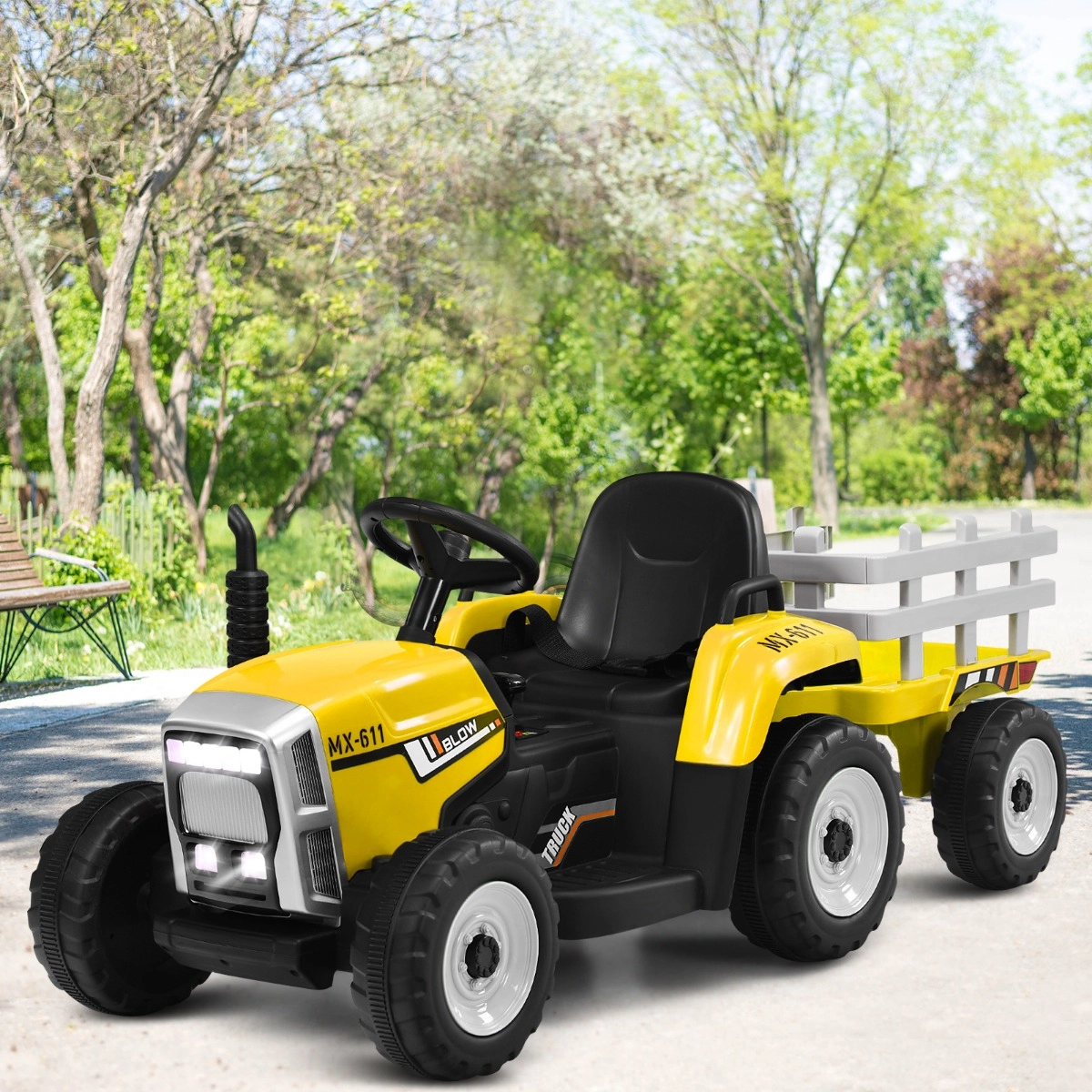 Costway 12 V Kinder-Traktor mit Anhänger Batteriebetriebenes Elektrisches Spielzeugauto Gelb