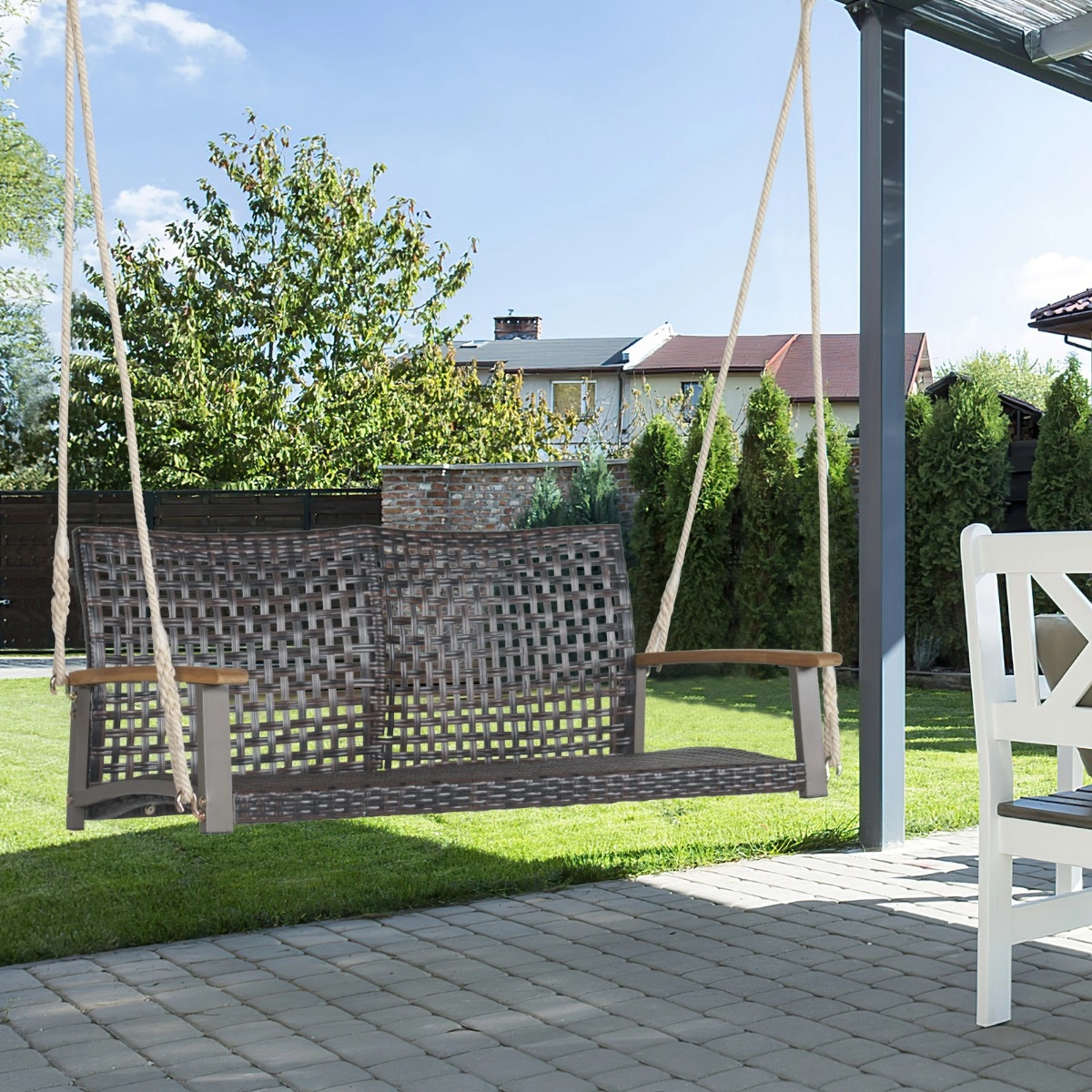 Costway Schaukelbank für Draußen Hängebank aus PE-Rattan mit 2 Seilen 131 x 68 x 54 cm