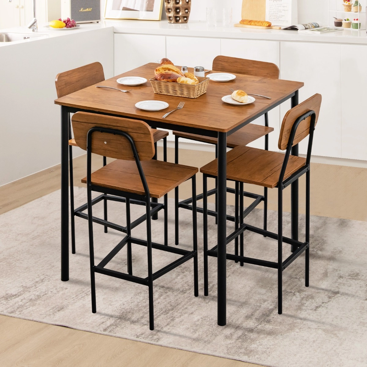 Costway Ess-Set 5-Teiliges Esstisch-Set mit Tisch und 4 Barhockern Walnuss
