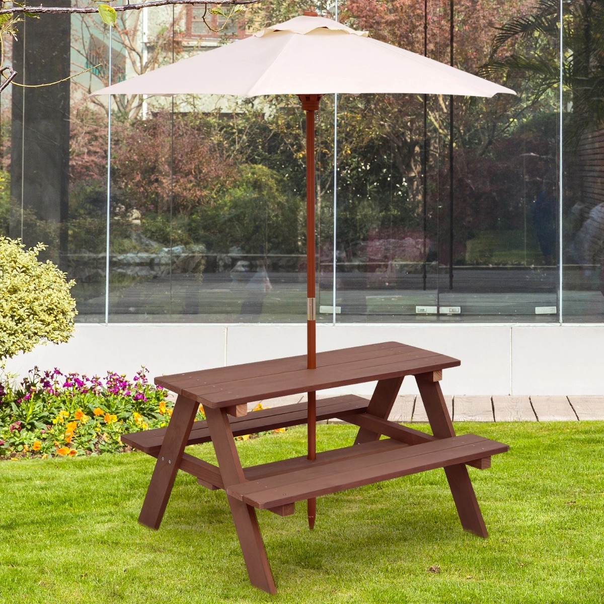 Costway 3-in-1 Picknicktisch mit Abnehmbarem Sonnenschirm Kindertische kindersitzgruppe