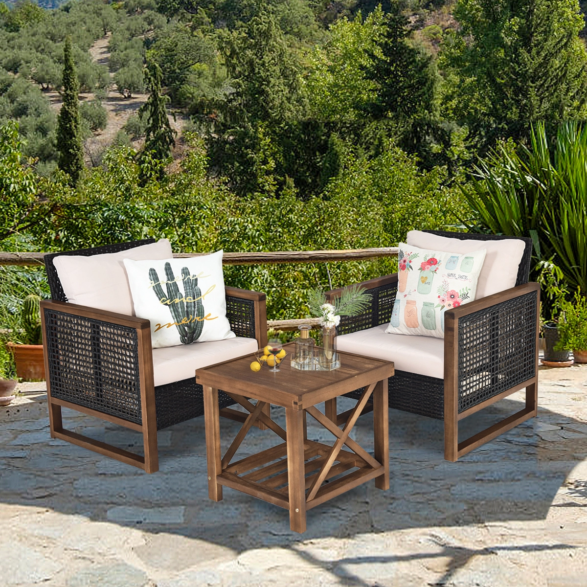 Costway 3er Set Rattan Gartenmöbel Polyrattan Lounge Set mit Waschbaren Sitzkissen Outdoor Sitzgarnitur