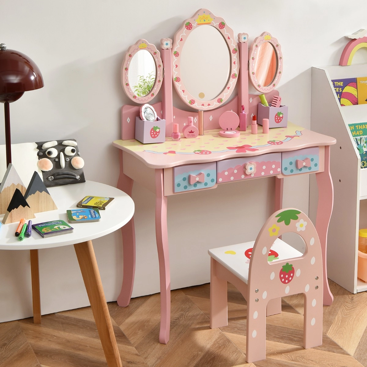 Costway Kinder Schminktisch Kinder Frisier-Set mit Spiegel 70 x 34 x 105 cm Rosa