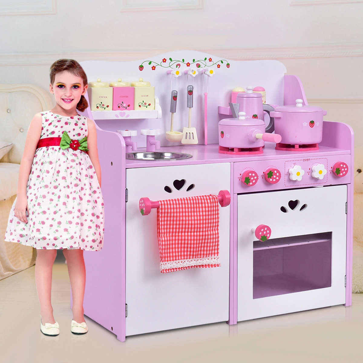 Costway Rosa und Weiß Holz Kinderspielküche Spielzeugküche