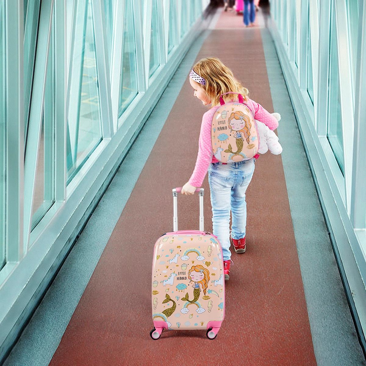 Costway Kindergepäck Meerjungfrau Reisekoffer Kinderkoffer Set mit Rucksack Rosa