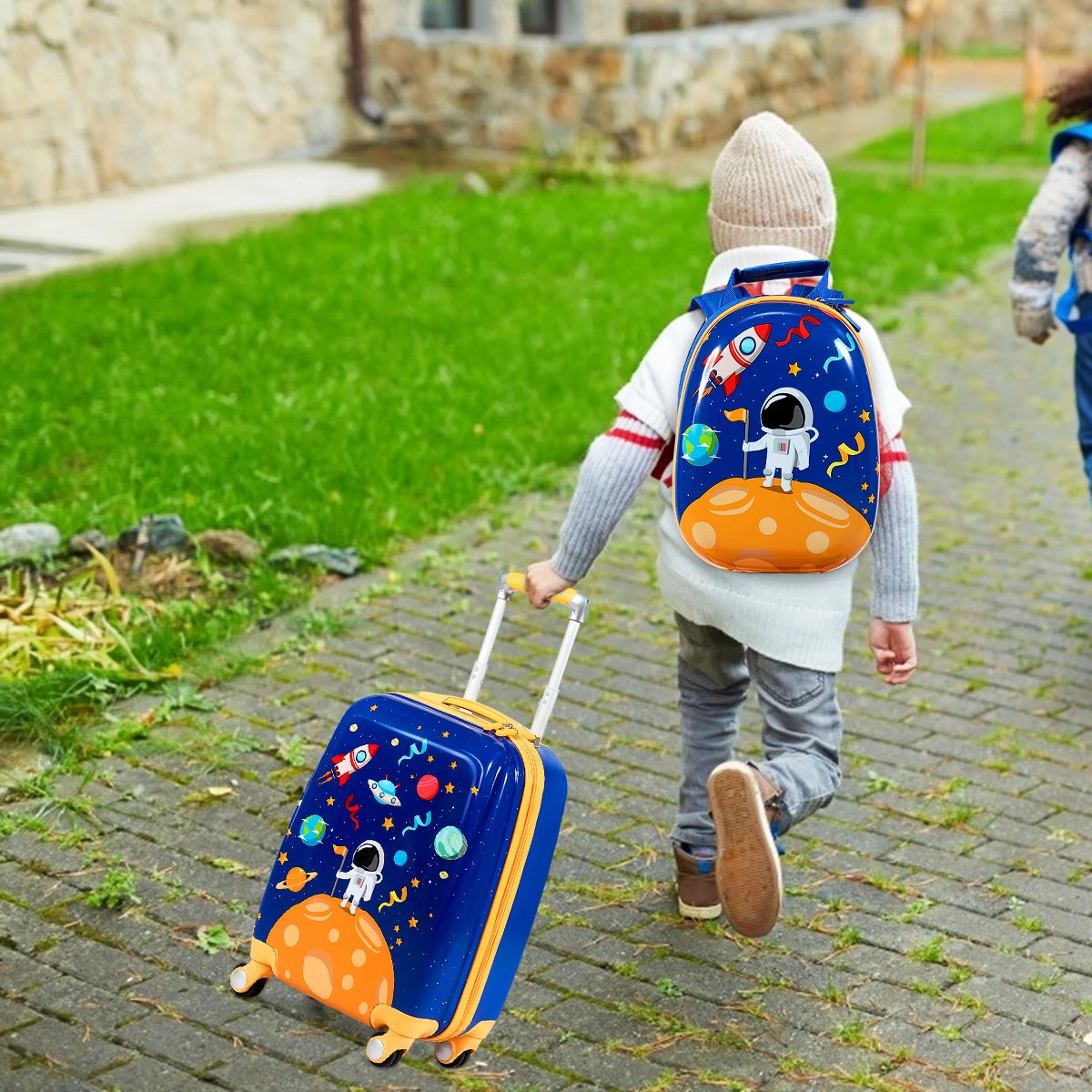 Costway 2tlg. Kinderkoffer + Rucksack aus Kunststoff Kindertrolley Kindergepäck Astronauten