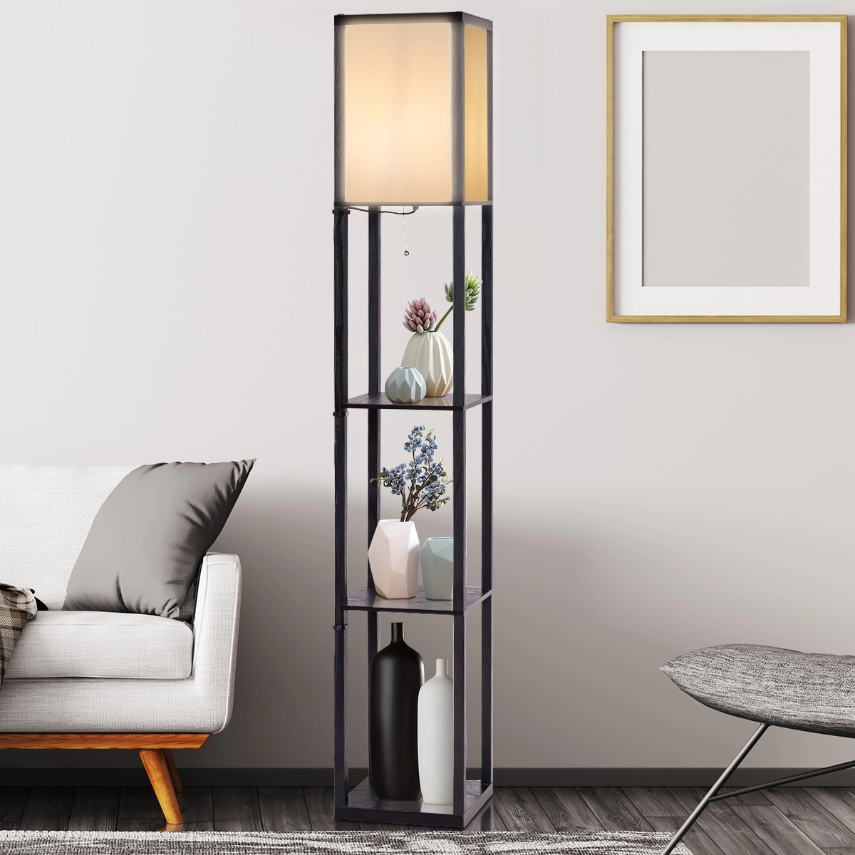 Costway 3-Ebene Standleuchte Regal Moderne Stehlampe Bodenlampe 26 x 26 x 160 cm Schwarz