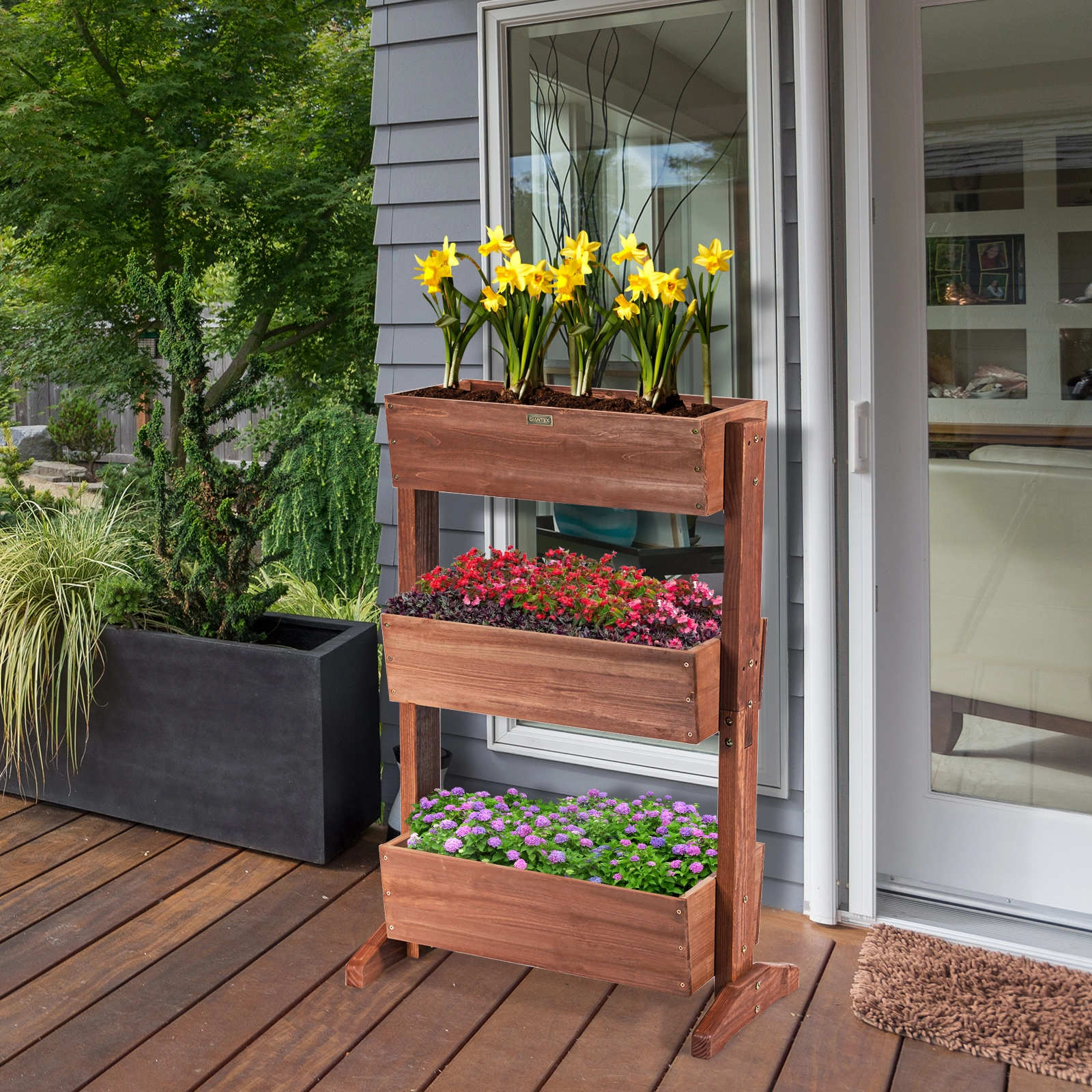 Costway 3-stufiges hölzernes Blumenregal Blumenständer 3 Etage Hochbeet Blumentreppe 71 x 38 x 105 cm Braun