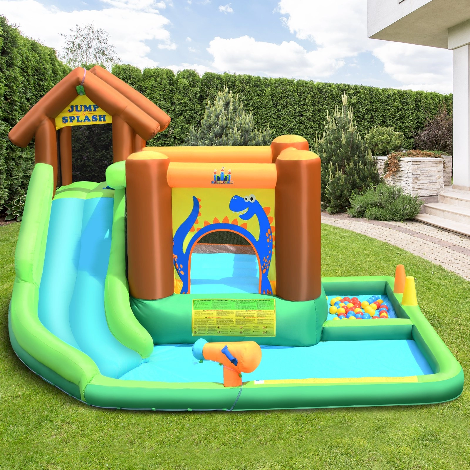 Costway Hüpfburg mit Gebläse Aufblasbarer Wasserrutschen-Park mit Rutsche 368 x 303 x 230 cm Bunt