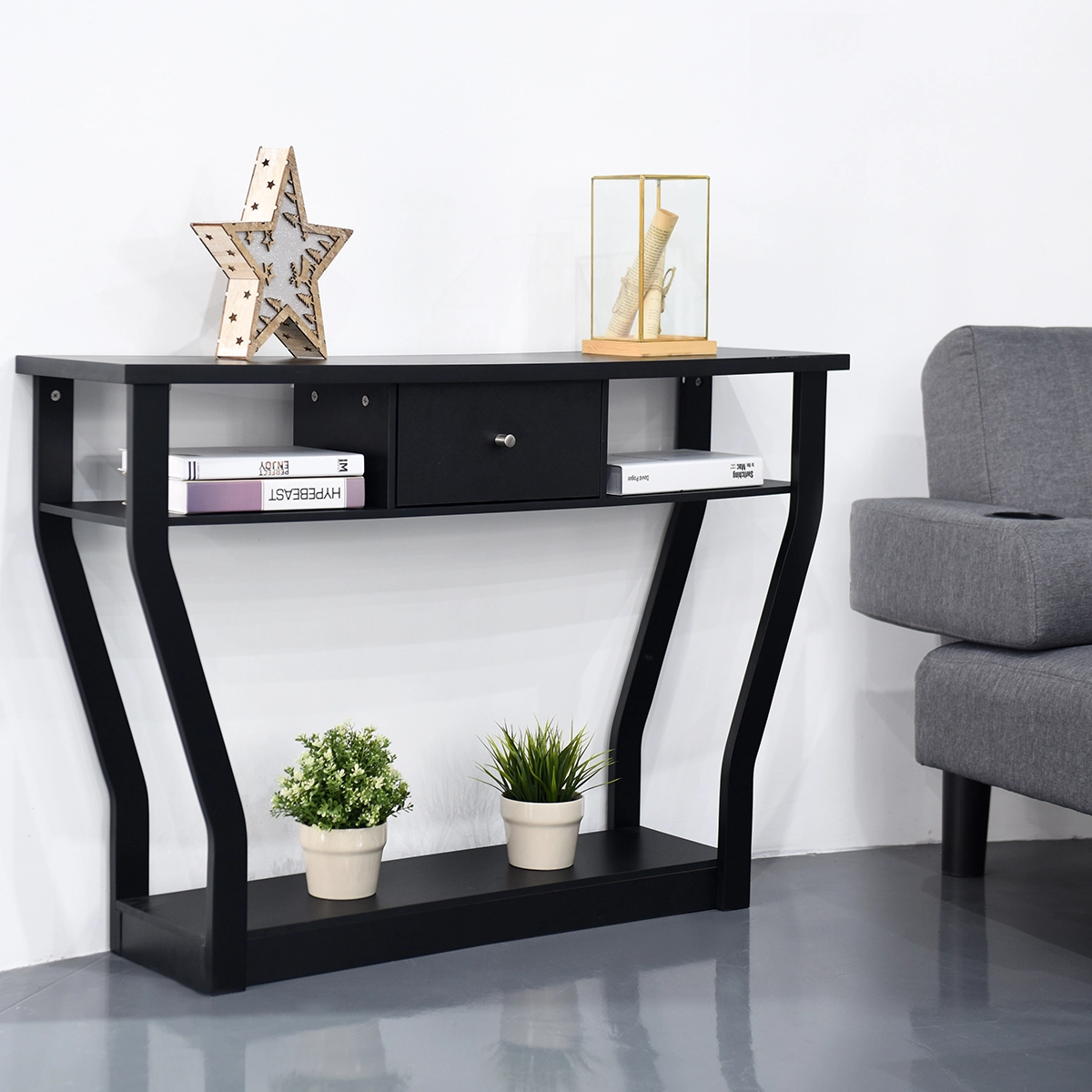 Costway Konsolentisch schwarz Flurtisch mit Schublade und Regal 120 x 30 x 81 cm Schwarz
