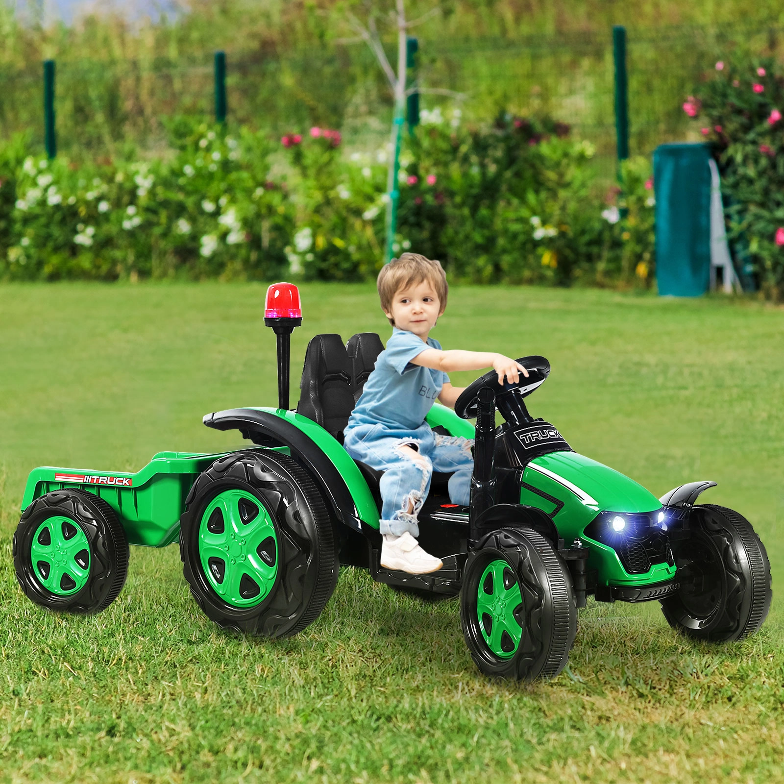 Costway 12V Kinder-Elektrotraktor mit Anhänger Spielzeug-Traktor 151 x 68 x 70 cm Grün