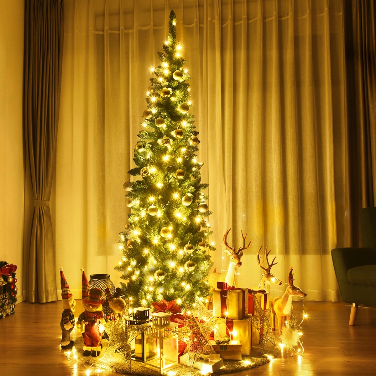 Costway 225 cm Weihnachtsbaum Hochwertige PVC Nadeln Bleistift-Förmiger Weihnachtsbaum Grün