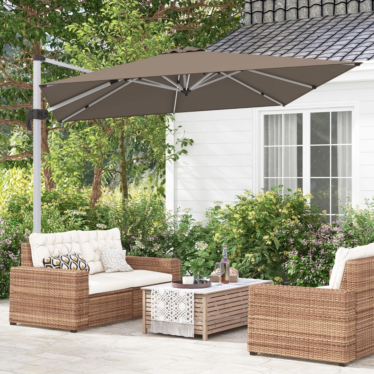 Costway Marktschirm mit Kurbel & 360° Drehung für Garten und Poolbereiche 300 x 300 cm Braun