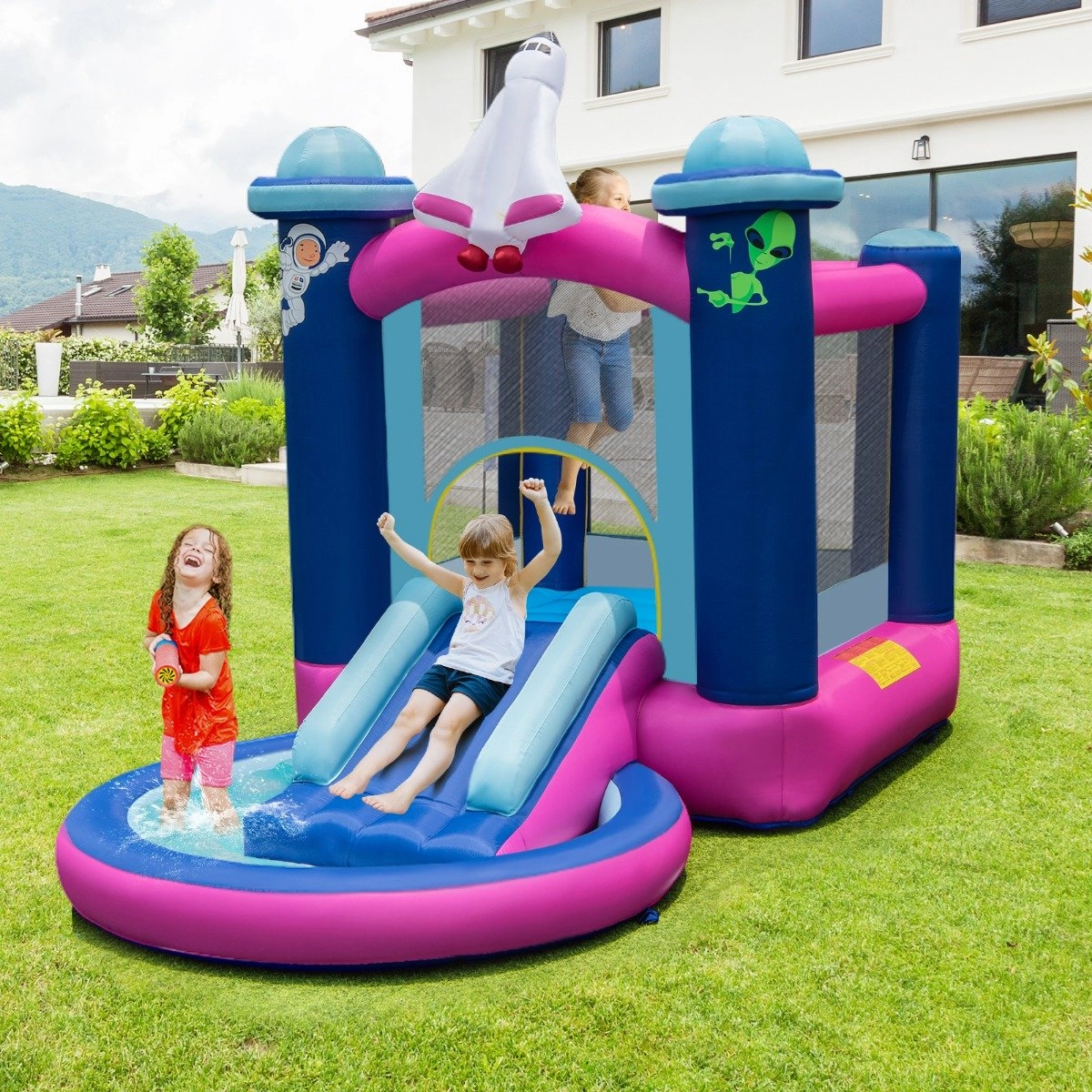 Costway Aufblasbare Wasserrutsche für Kinder Hüpfburg-Center mit Gebläse 207 x 393 x 270 cm