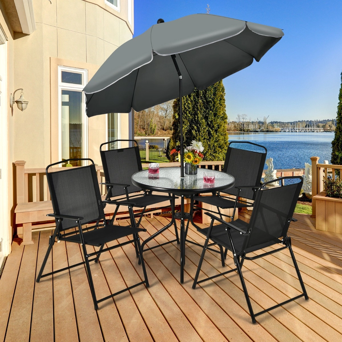 Costway 6 Teiliges Terrassenmöbelset mit Kaffeetisch & 4 Klappstühlen & Schirm