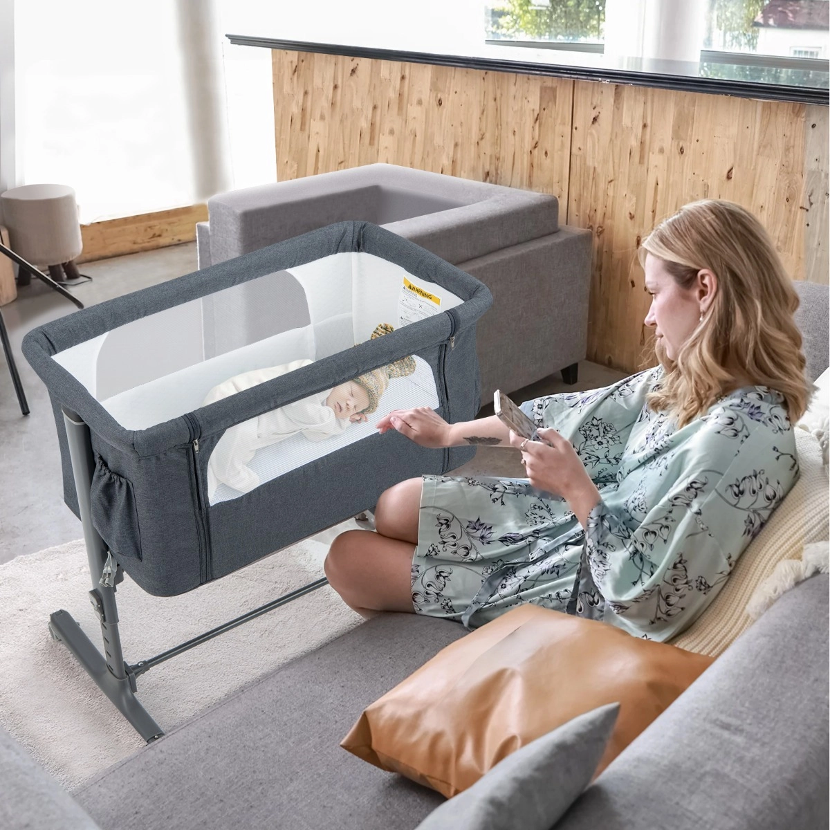Costway Tragbare 3-in-1-Babywiege mit 5-stufig Verstellbarer Höhe & Atmungsaktives Netz Grau