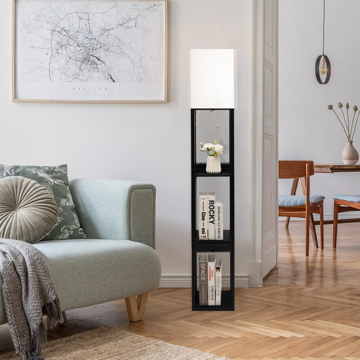 Costway Moderne Regal-Stehlampe Dimmbare Standlampe mit Schublade 26 x 26 x 159,5 cm