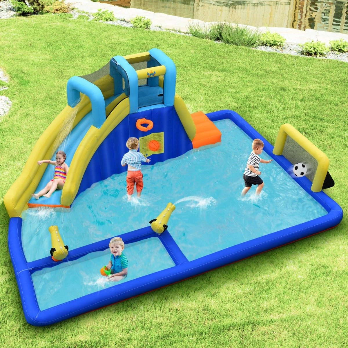 Costway Wasserpark 6-in-1 Hüpfburg mit Gebläse & Wasserdüsen & Rutsche 525 x 373 x 203 cm