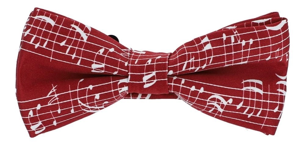 Polyester-Fliege in bordeaux mit weißen Noten und Notenlinien
