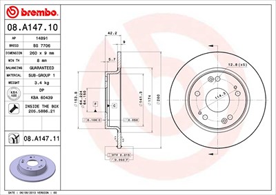 BREMBO Bremsscheibe 08.A147.11 Bremsscheiben,Scheibenbremsen HONDA,CIVIC VIII Hatchback (FN, FK),CIVIC VIII Stufenheck (FD, FA)