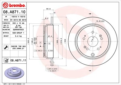 BREMBO Bremsscheibe 08.A871.11 Bremsscheiben,Scheibenbremsen HONDA,CR-V III (RE),CR-V IV (RM_)