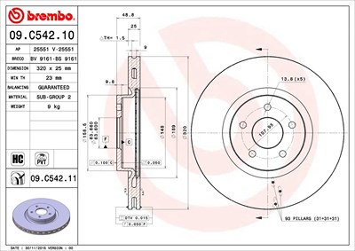 BREMBO Bremsscheibe 09.C542.11 Bremsscheiben,Scheibenbremsen FORD,FOCUS III Turnier,Kuga Mk2 (DM2),FOCUS III