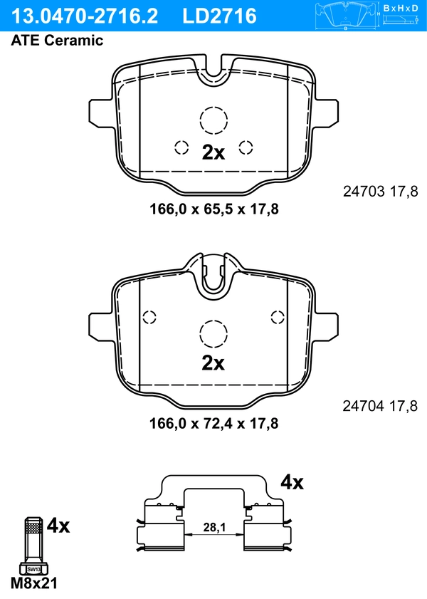 ATE Bremsbelagsatz 13.0470-2716.2 Bremsbeläge,Bremsklötze BMW,5 Touring (F11),5 Limousine (F10),5 Limousine (G30, F90),5 Touring (G31),7 (G11, G12)