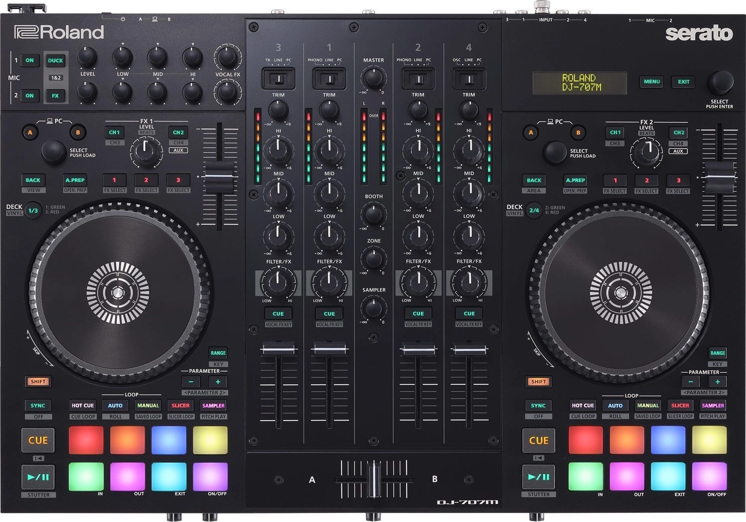 Roland DJ-707M 4-Kanal DJ Controller für Serato DJ Pro mit vier Decks