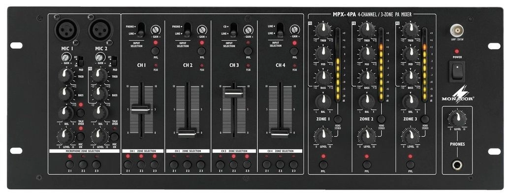Monacor MPX-4PA 19" 3-Zonen Mixer, 2 Mikrofon + 4 Stereoeingänge, Talkover