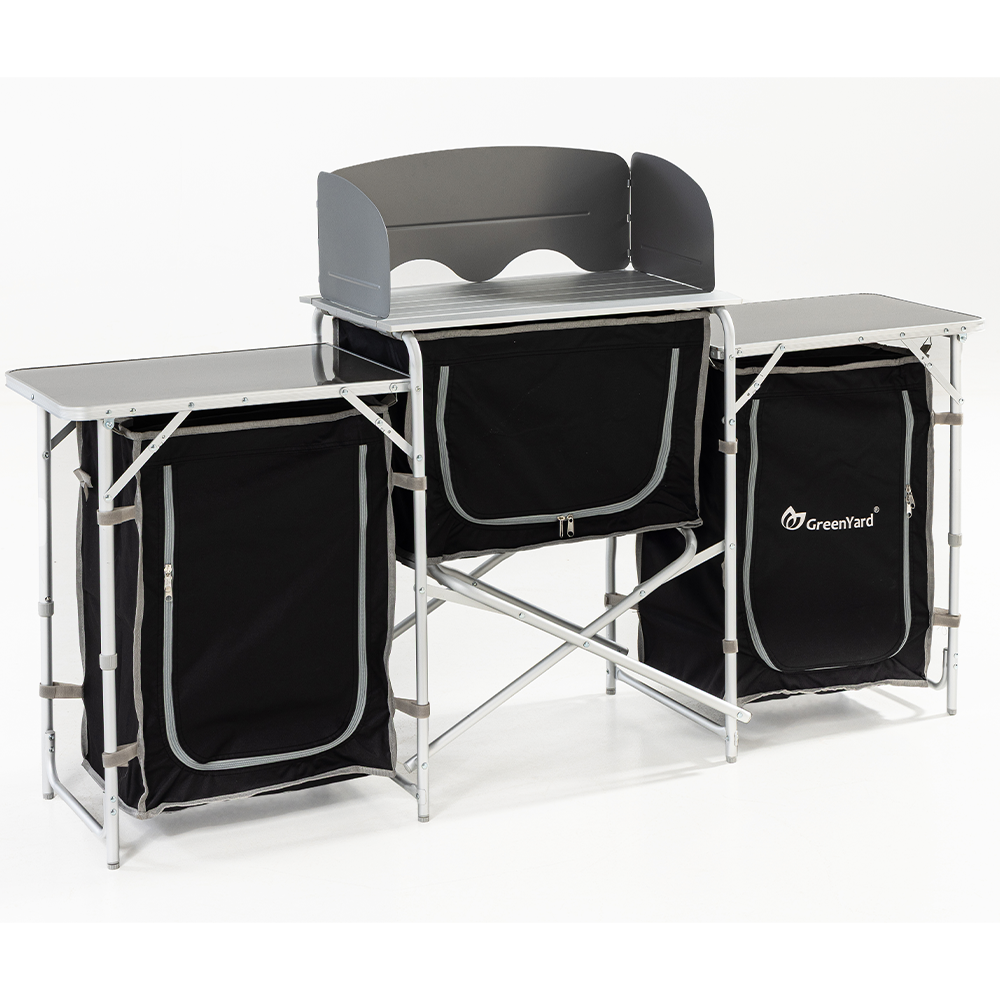 Campingküche XL Windschutz und rollbarer Arbeitsplatte, ca. 173 x 41 x 80 cm - Schwarz
