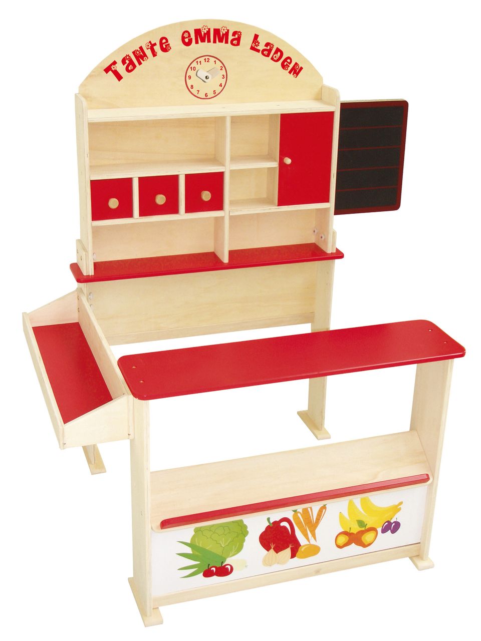 Kaufladen 'Tante Emma', Holz natur, mit Theke, Tafel, Seitentheke & Markststand Bedruckung