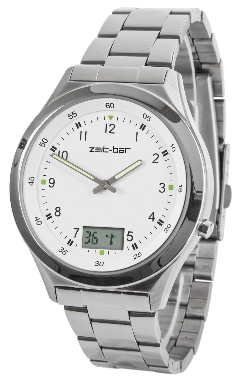 Funk-Armbanduhr mit Datums- und Sekundenanzeige, Edelstahl-Uhrband