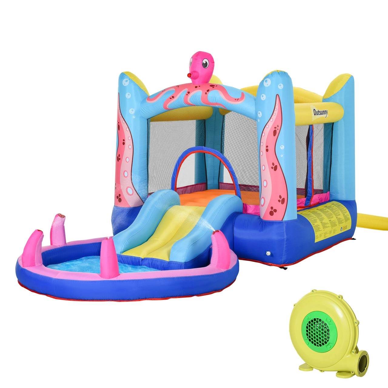 Aufblasbare Hüpfburg mit Rutsche für 3 Kinder Burg Springburg mit Gebläse Spielburg Spielhaus für 3-8 Jahre Kindergarten Oktopus-Muster Oxford-, Polyester-Gewebe 360 x 175 x 180 cm