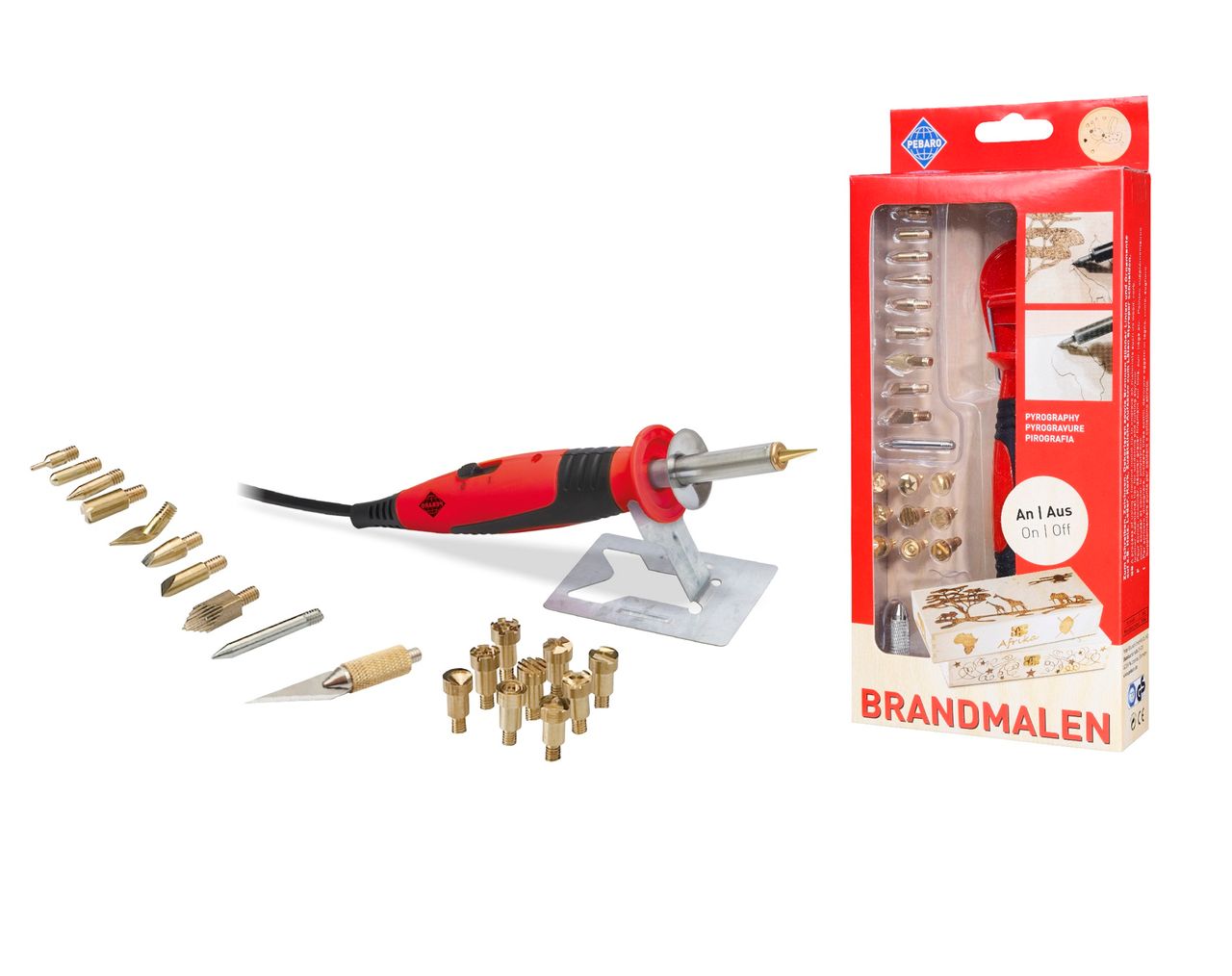 Brandmal-Set mit An/Aus-Kolben und 20 Aufsätzen