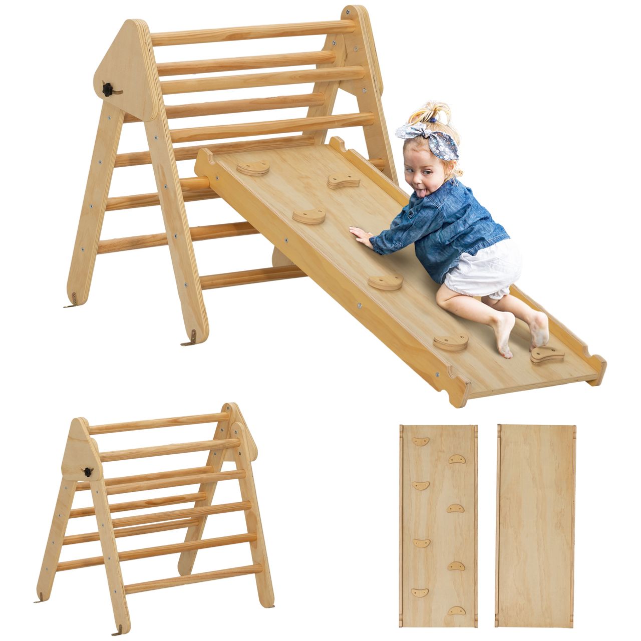 AIYAPLAY 2 in 1 Klettergerüst Set mit Rutsche, Kletterdreieck aus Holz Indoor