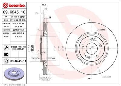 BREMBO Bremsscheibe 09.C245.11 Bremsscheiben,Scheibenbremsen HYUNDAI,KIA,ix35 (LM, EL, ELH),Tucson (TL, TLE),i40 CW (VF),Kona (OS),i40 (VF)