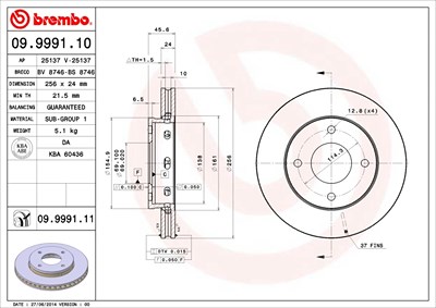 BREMBO Bremsscheibe 09.9991.11 Bremsscheiben,Scheibenbremsen MITSUBISHI,SMART,COLT VI (Z3_A, Z2_A),COLT CZC Cabriolet (RG),FORFOUR (454)