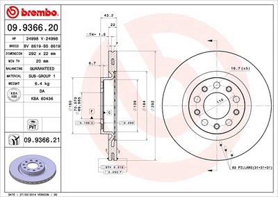 BREMBO Bremsscheibe 09.9366.21 Bremsscheiben,Scheibenbremsen ALFA ROMEO,159 Sportwagon (939),159 (939),Brera (939_),SPIDER (939)