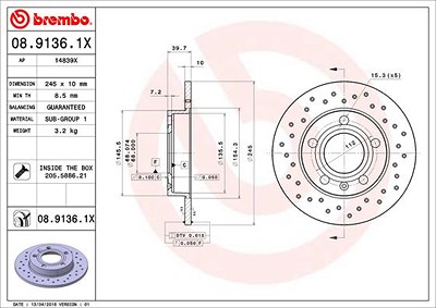 BREMBO Bremsscheibe 08.9136.1X Bremsscheiben,Scheibenbremsen AUDI,SEAT,A4 Avant (8ED, B7),A4 Avant (8E5, B6),A4 Limousine (8E2, B6)