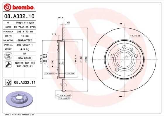 BREMBO Bremsscheibe 08.A332.11 Bremsscheiben,Scheibenbremsen AUDI,SEAT,A4 Avant (8ED, B7),A4 Limousine (8EC, B7),A4 Cabrio (8H7, B6, 8HE, B7)