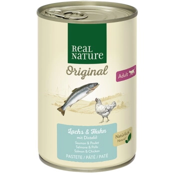 REAL NATURE Original Nassfutter Katze, Adult, Lachs und Huhn mit Distelöl 12x400 g