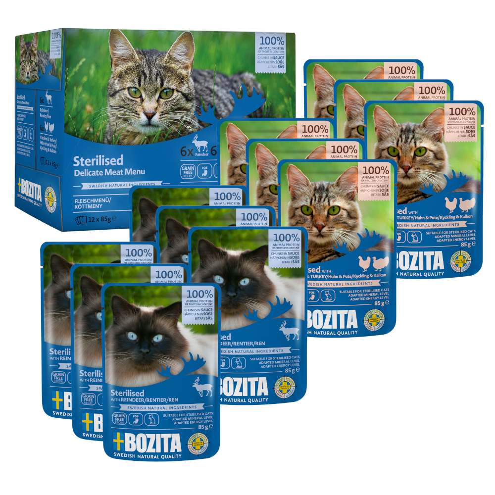 BOZITA Nassfutter Katze Sterilised Häppchen in Sauce mit Fleisch Multibox 12x85 g