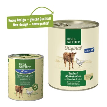 REAL NATURE Original Nassfutter für Hunde Adult Kalbsherzen und Huhn 6x800 g